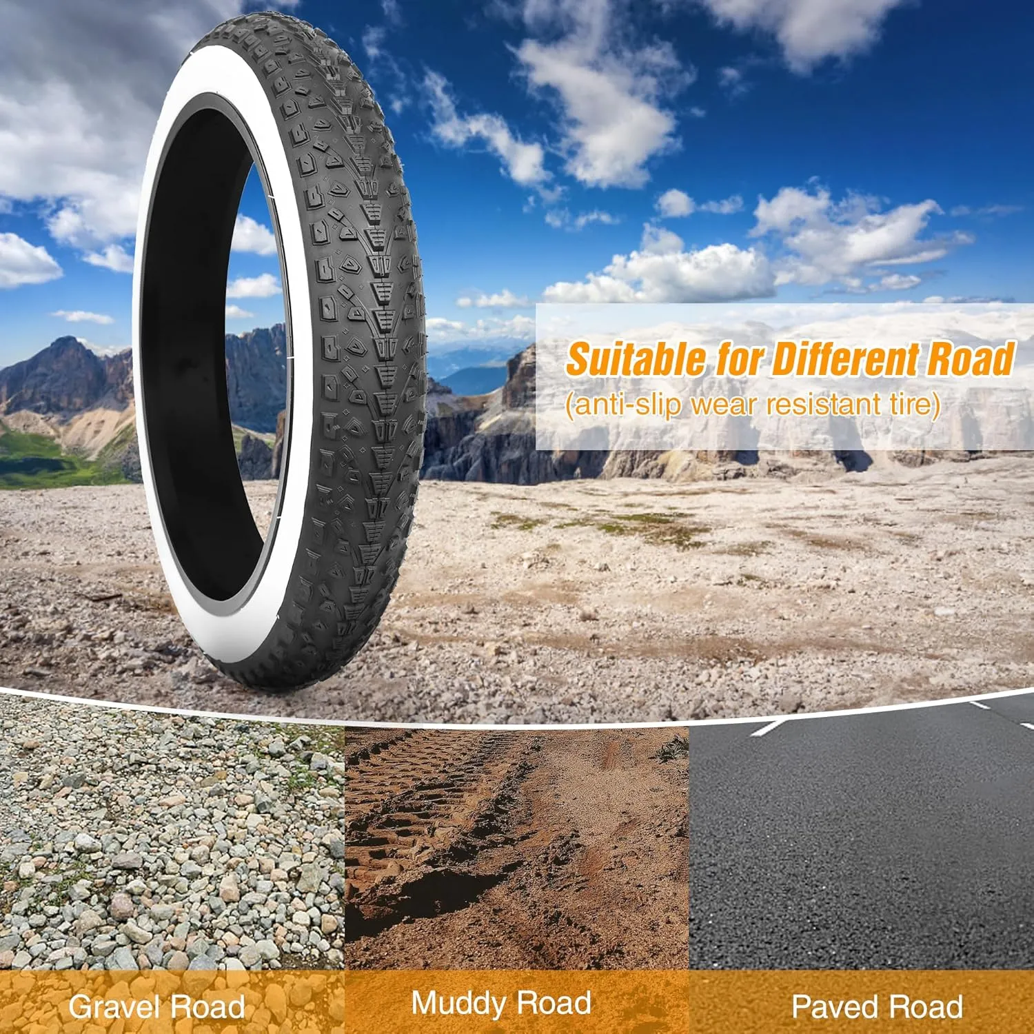 20/24/26x3.0 Electric Bike Tire Fat E-Bike Tires Heavy Duty High-Performance Wear-Resistant Mountain Snow Bicycle Tires/TubesBlack/White Wall