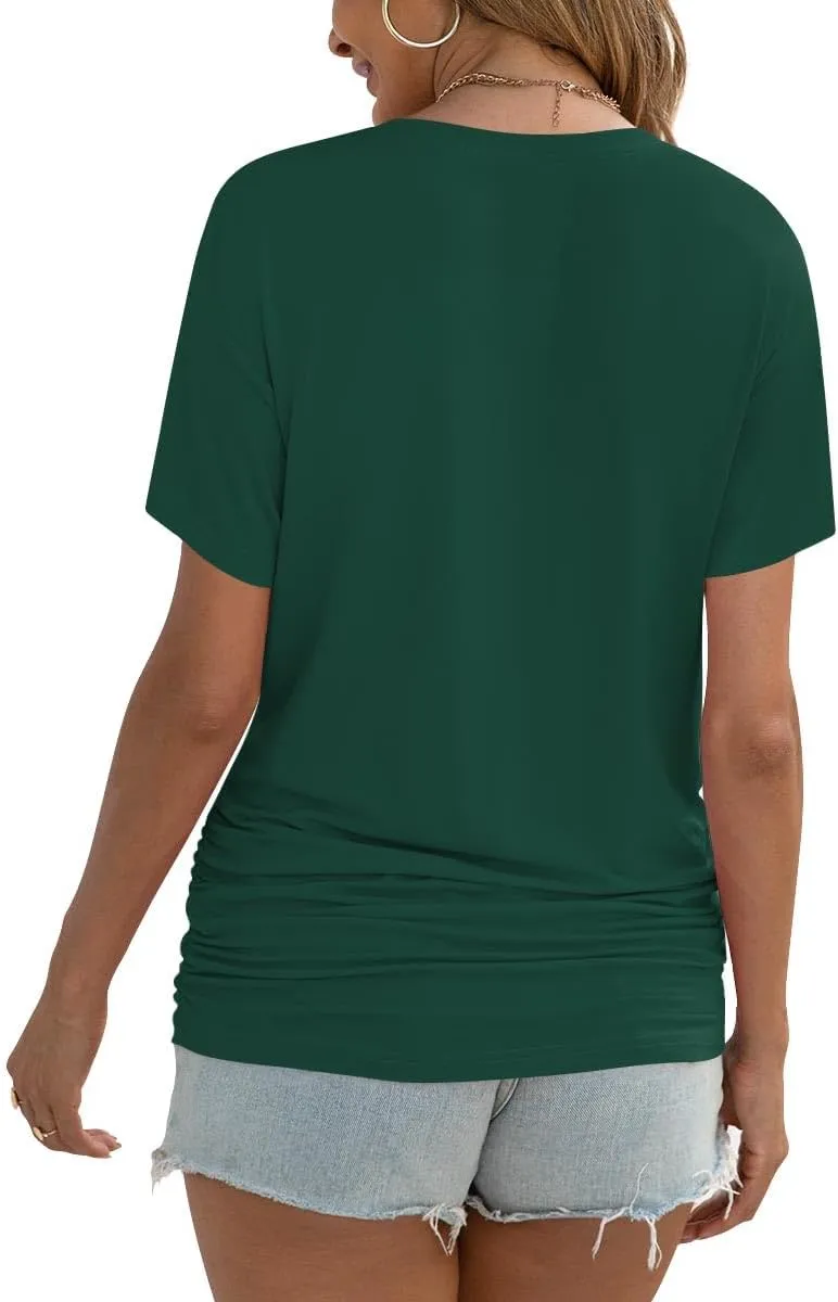Anydoll Womens Ruched Tops 2025 Spring Summer Tunics Short Sleeve V Neck T Shirts Casual Dressy Tee with Side Shirring 