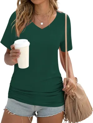 Anydoll Womens Ruched Tops 2025 Spring Summer Tunics Short Sleeve V Neck T Shirts Casual Dressy Tee with Side Shirring 