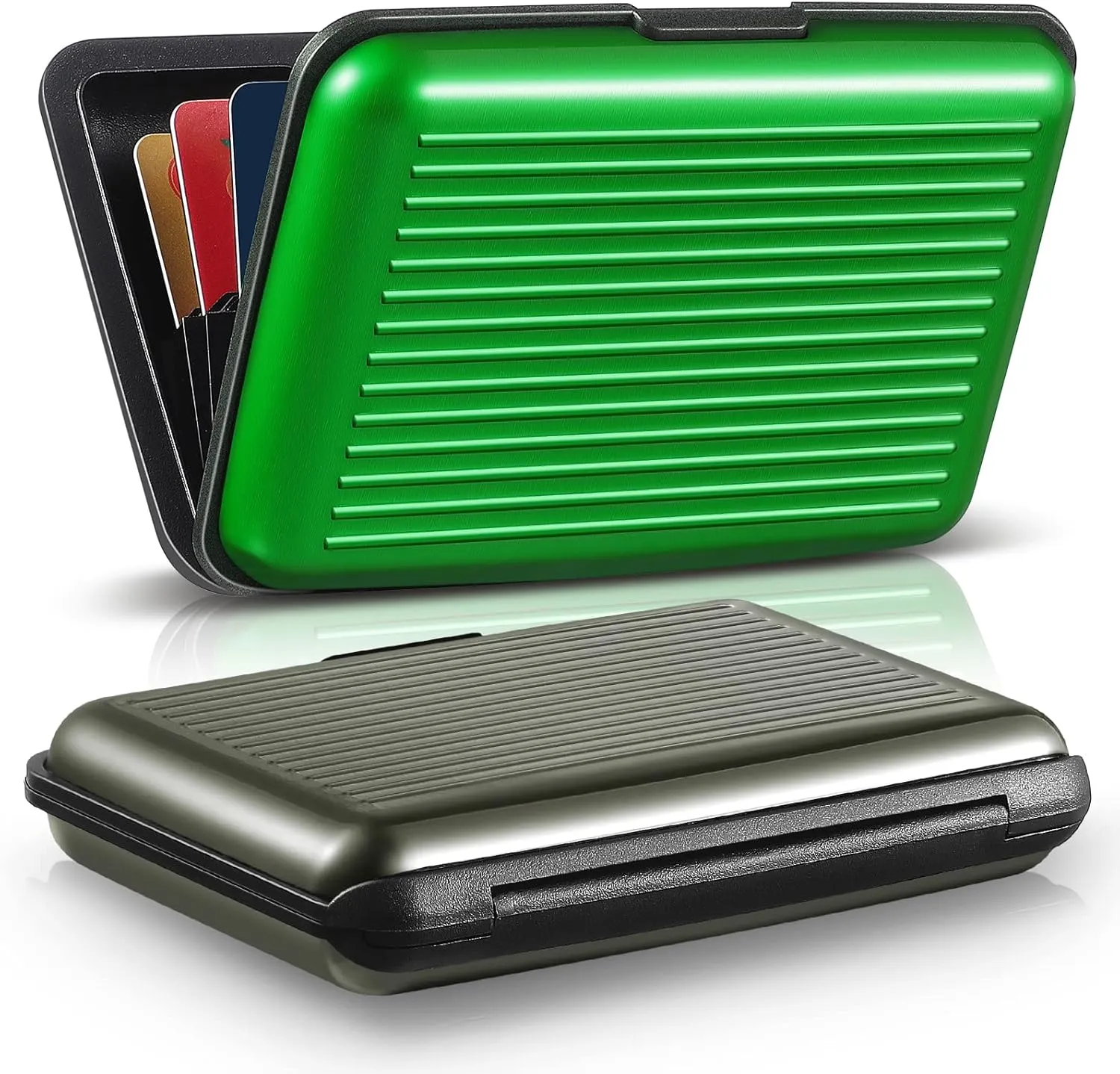 BBTO 2 Pieces Credit Card Holder Slim Mini Rfid Blocking Credit Card Protector Aluminum Business Box Metal ID Organizer Wallet with 6 Slots for Women Men(Green, Gray)