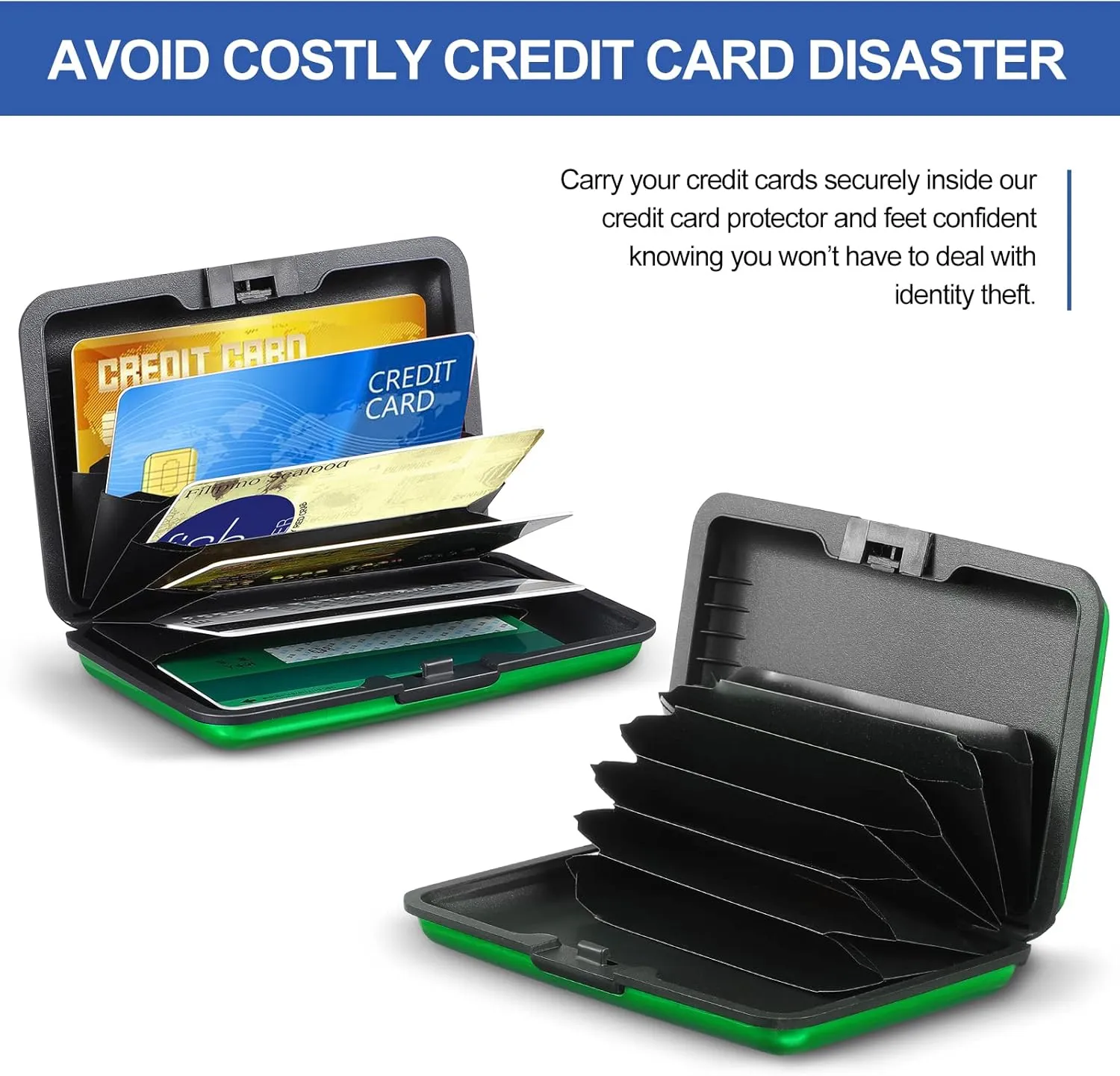 BBTO 2 Pieces Credit Card Holder Slim Mini Rfid Blocking Credit Card Protector Aluminum Business Box Metal ID Organizer Wallet with 6 Slots for Women Men(Green, Gray)