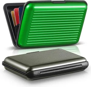 BBTO 2 Pieces Credit Card Holder Slim Mini Rfid Blocking Credit Card Protector Aluminum Business Box Metal ID Organizer Wallet with 6 Slots for Women Men(Green, Gray)
