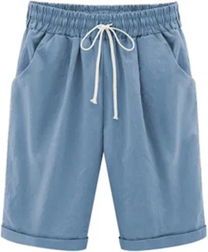 Bermuda Shorts for Women Summer Casual Linen Pants Knee Length Bermuda Short Elastic Waist Drawstring Pocket Capris