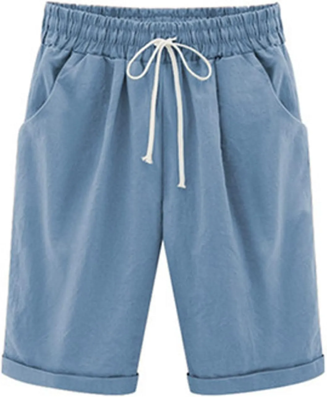 Bermuda Shorts for Women Summer Casual Linen Pants Knee Length Bermuda Short Elastic Waist Drawstring Pocket Capris
