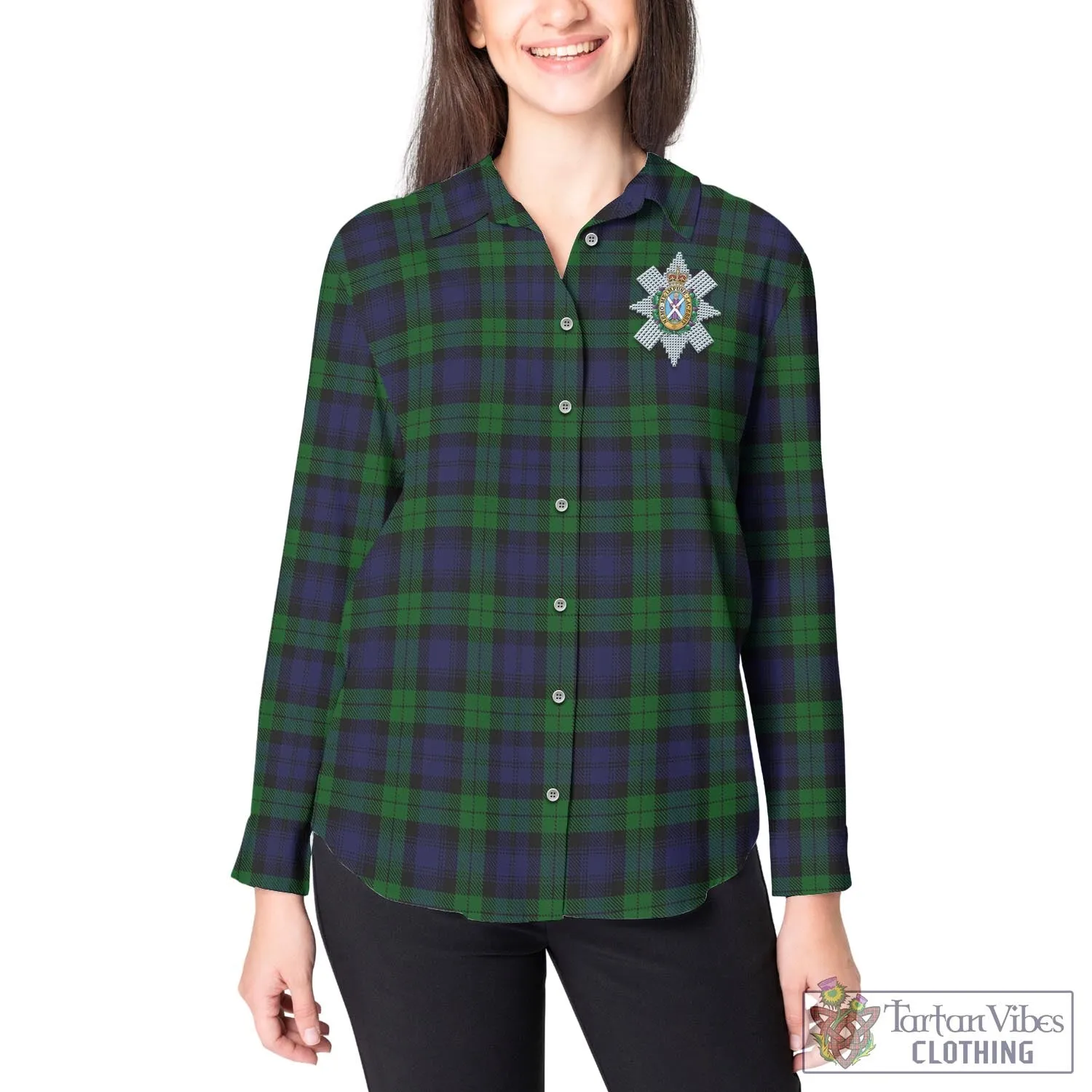 Black Watch Tartan Women's Casual Shirt with Family Crest