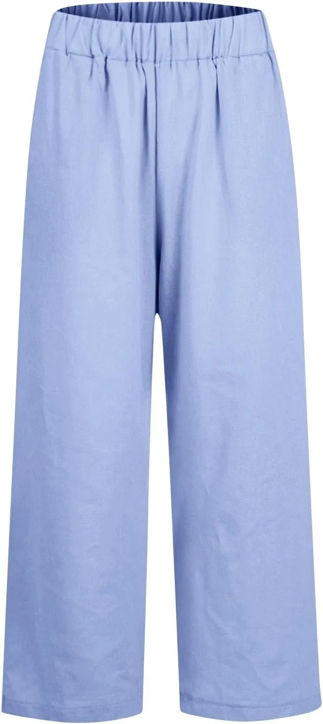 Cropped Linen Pants Women Summer Elastic Waist Straight Leg Plus Size Crop Pants Casual Beach Trousers with Pockets