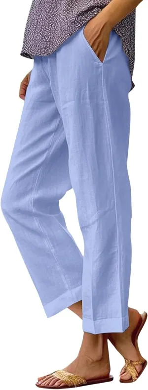Cropped Linen Pants Women Summer Elastic Waist Straight Leg Plus Size Crop Pants Casual Beach Trousers with Pockets