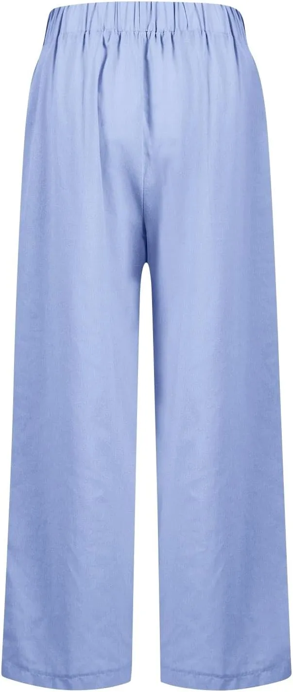 Cropped Linen Pants Women Summer Elastic Waist Straight Leg Plus Size Crop Pants Casual Beach Trousers with Pockets