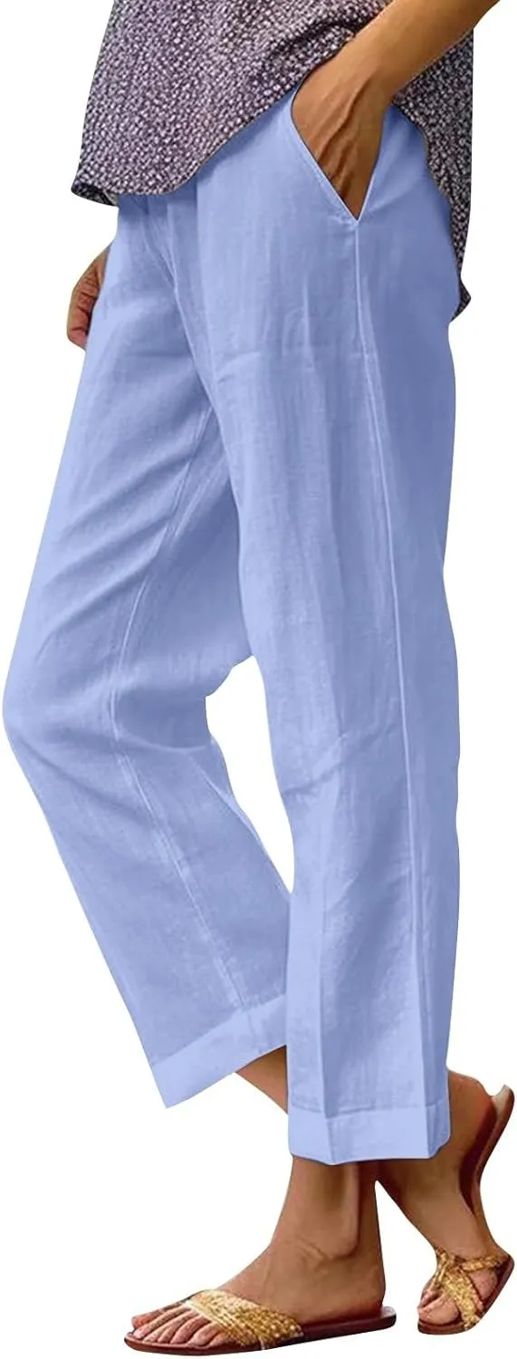 Cropped Linen Pants Women Summer Elastic Waist Straight Leg Plus Size Crop Pants Casual Beach Trousers with Pockets