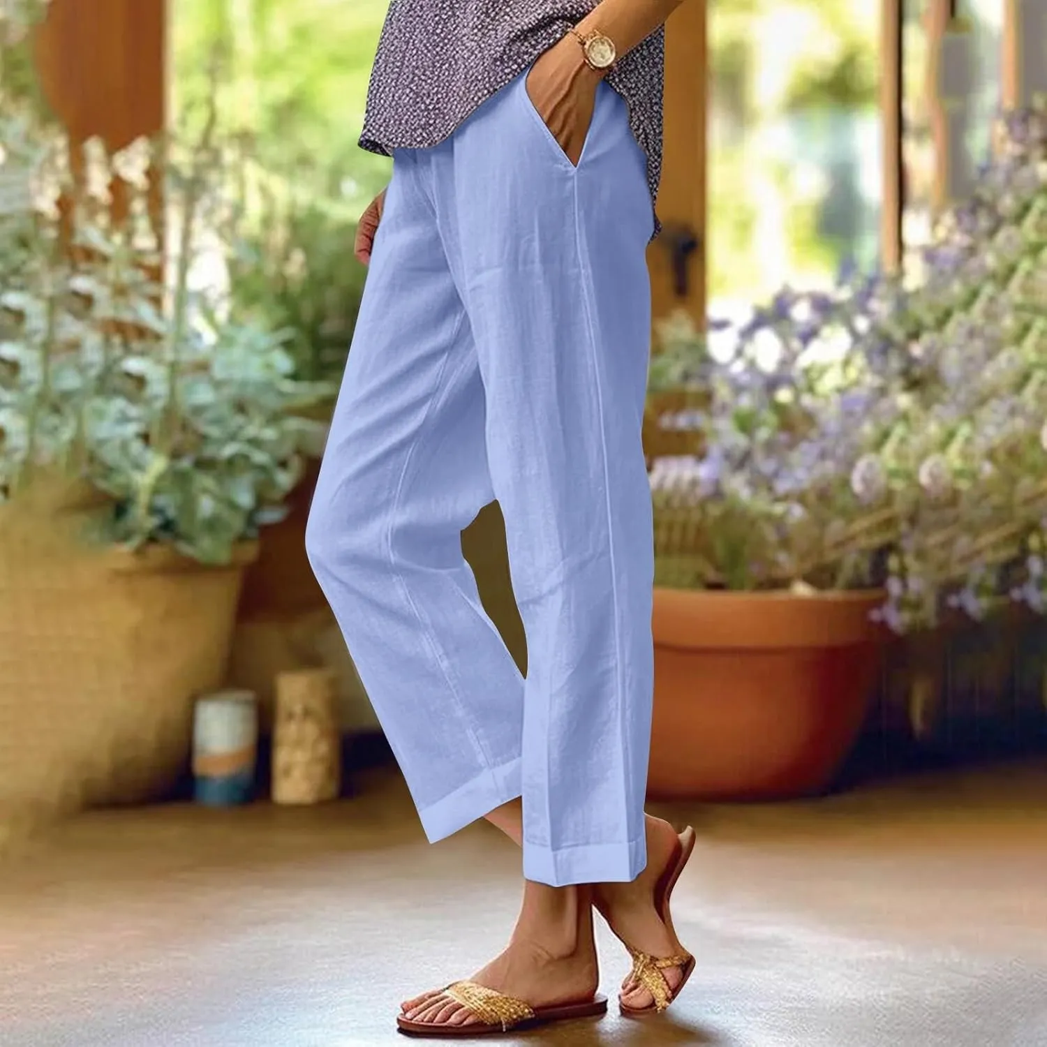 Cropped Linen Pants Women Summer Elastic Waist Straight Leg Plus Size Crop Pants Casual Beach Trousers with Pockets