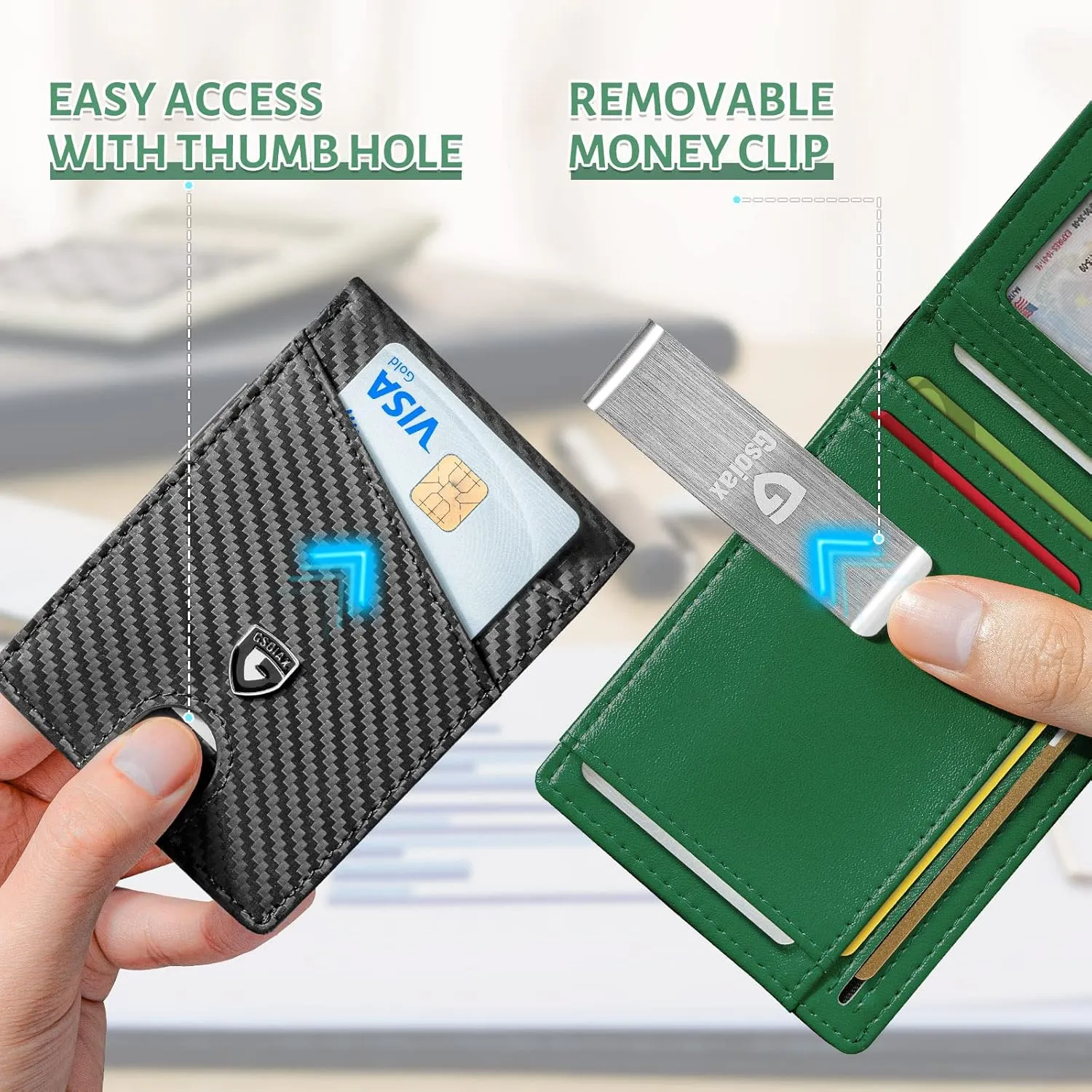 GSOIAX Slim Leather RFID Bifold Wallet for Men with Money Clip and 12 Credit Card Holders, Carbon Green