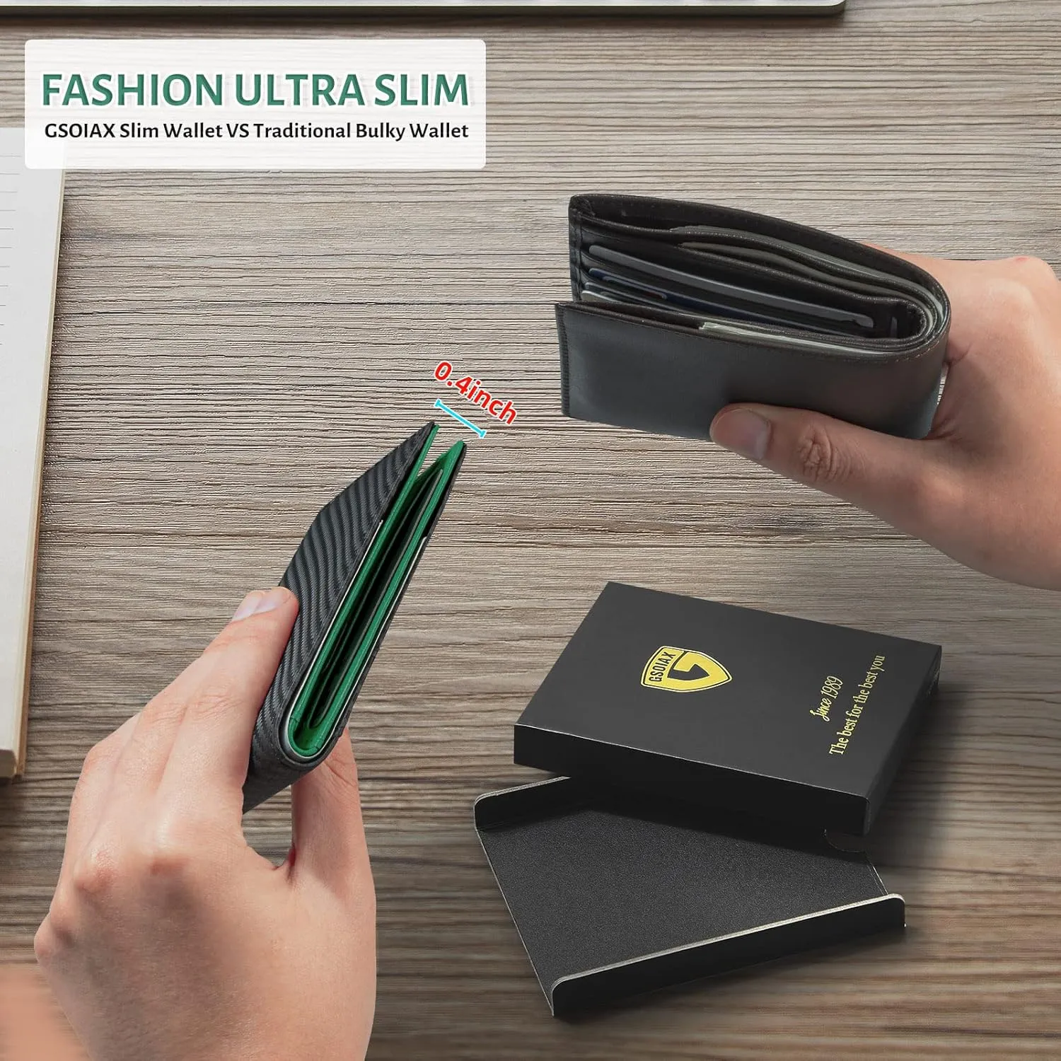 GSOIAX Slim Leather RFID Bifold Wallet for Men with Money Clip and 12 Credit Card Holders, Carbon Green
