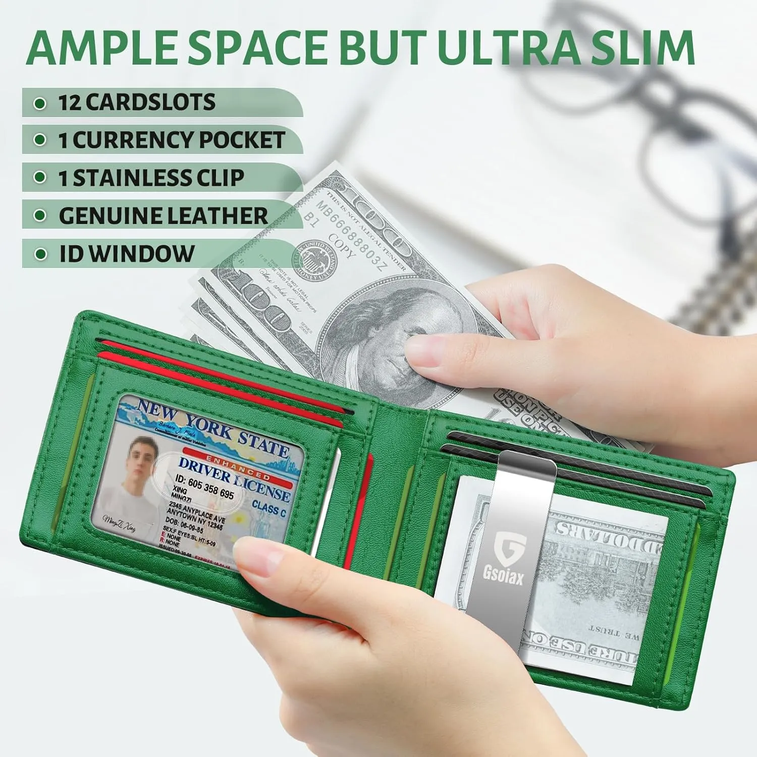 GSOIAX Slim Leather RFID Bifold Wallet for Men with Money Clip and 12 Credit Card Holders, Carbon Green