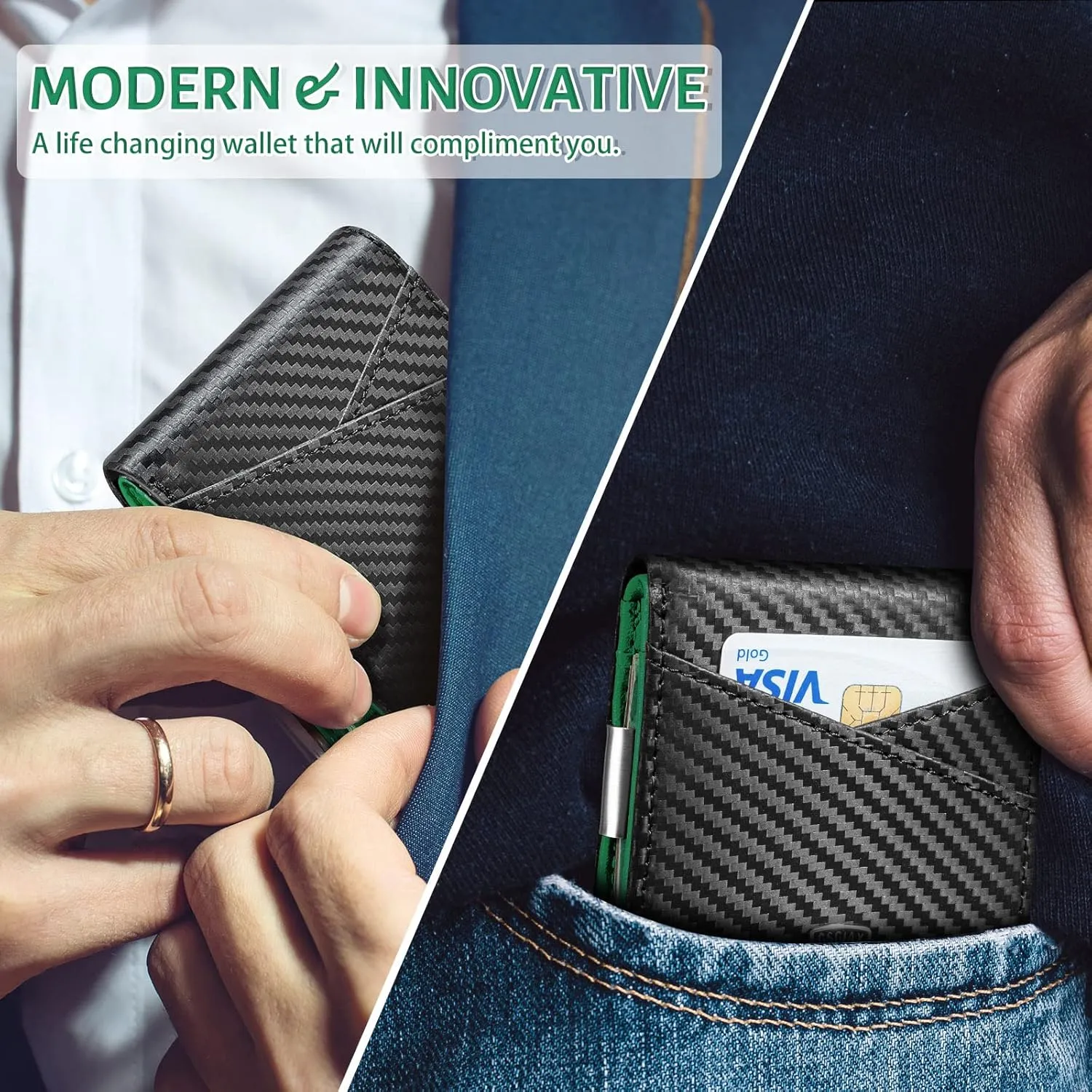 GSOIAX Slim Leather RFID Bifold Wallet for Men with Money Clip and 12 Credit Card Holders, Carbon Green