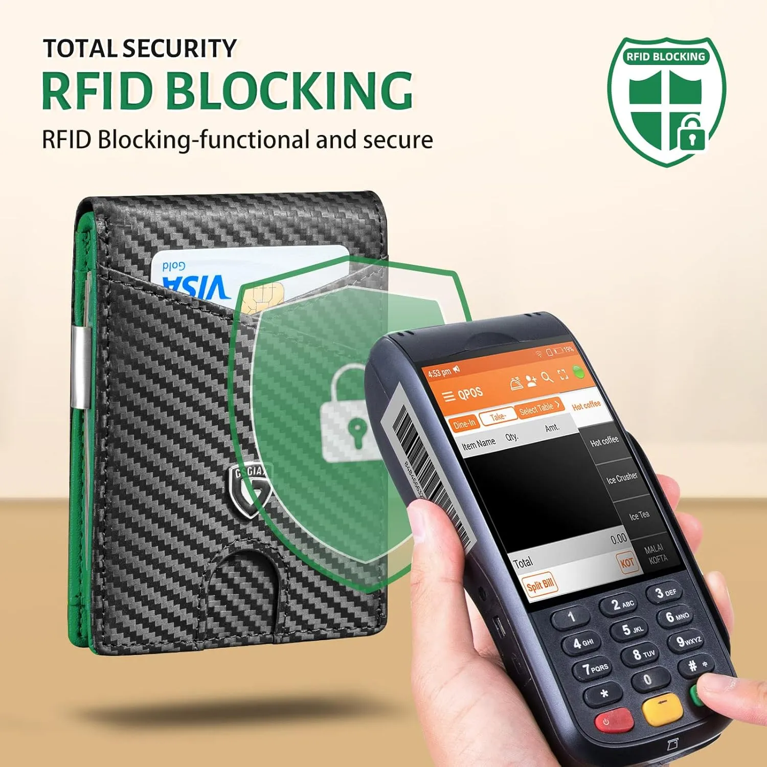 GSOIAX Slim Leather RFID Bifold Wallet for Men with Money Clip and 12 Credit Card Holders, Carbon Green