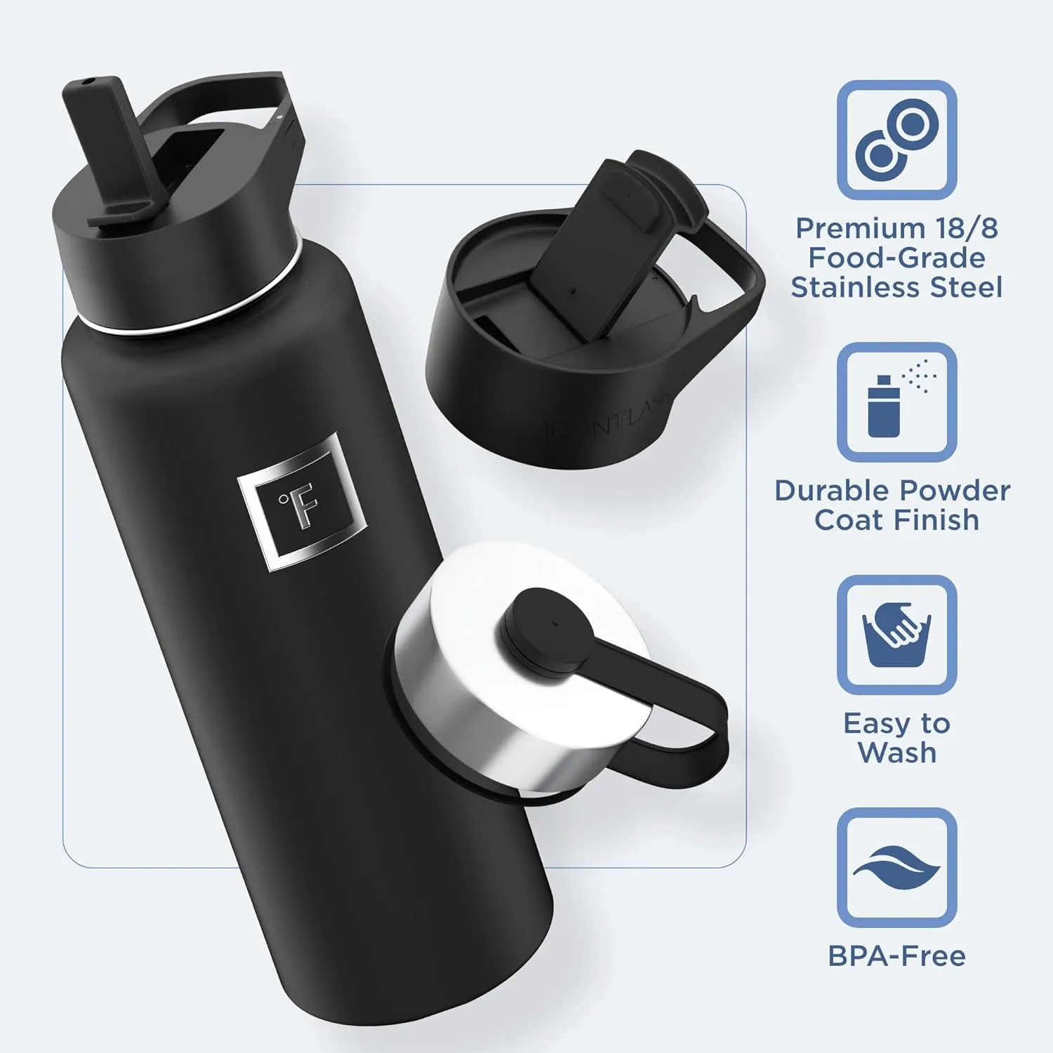 IRON FLASK Camping & Hiking Hydration Flask with 3 Lids - Stainless Steel, Double Walled & Vacuum Insulated Water Bottle - Leak Proof & BPA Free (Winter White, Straw - 40 oz)