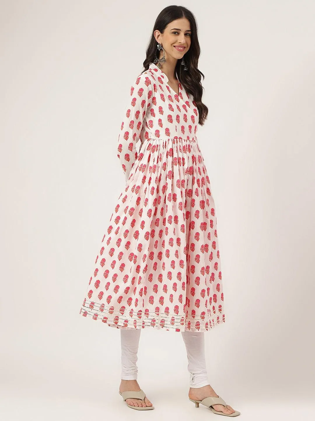 Jashvi White and Red Floral Printed Angarakha Kurta