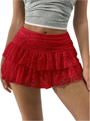 MakeMeChic Women's Lace Mini Skirt with Shorts Leopard Ruffle Skirt Skort