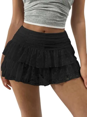 MakeMeChic Women's Lace Mini Skirt with Shorts Leopard Ruffle Skirt Skort