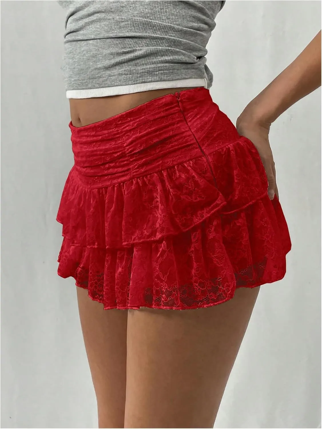 MakeMeChic Women's Lace Mini Skirt with Shorts Leopard Ruffle Skirt Skort