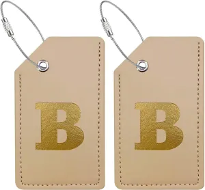 Mziart Luggage Tags for Suitcases, Initial Luggage Tag 2 Pack PU Leather Personalized Suitcase Tags Name ID Labels with Stainless Steel Loops Baggage Travel Bag Tags Cruise Essentials Gifts (Letter B)