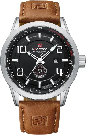 NAVIFORCE Sport Watches for Men Leather Band Waterproof Quartz Analog Wristwatch Easy to Read with Auto Date