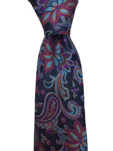 Orange, Purple, Turquoise Floral Paisley Navy Blue Tie