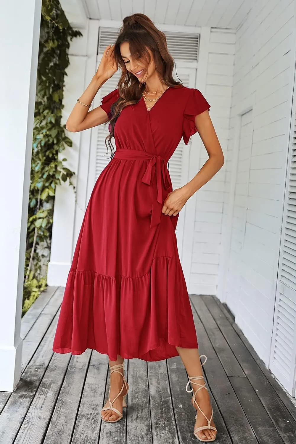 PRETTYGARDEN Women's Summer Floral Boho Maxi Dress Wrap Short Sleeve V Neck Ruffle A-Line Flowy Wedding Guest Long Dresses
