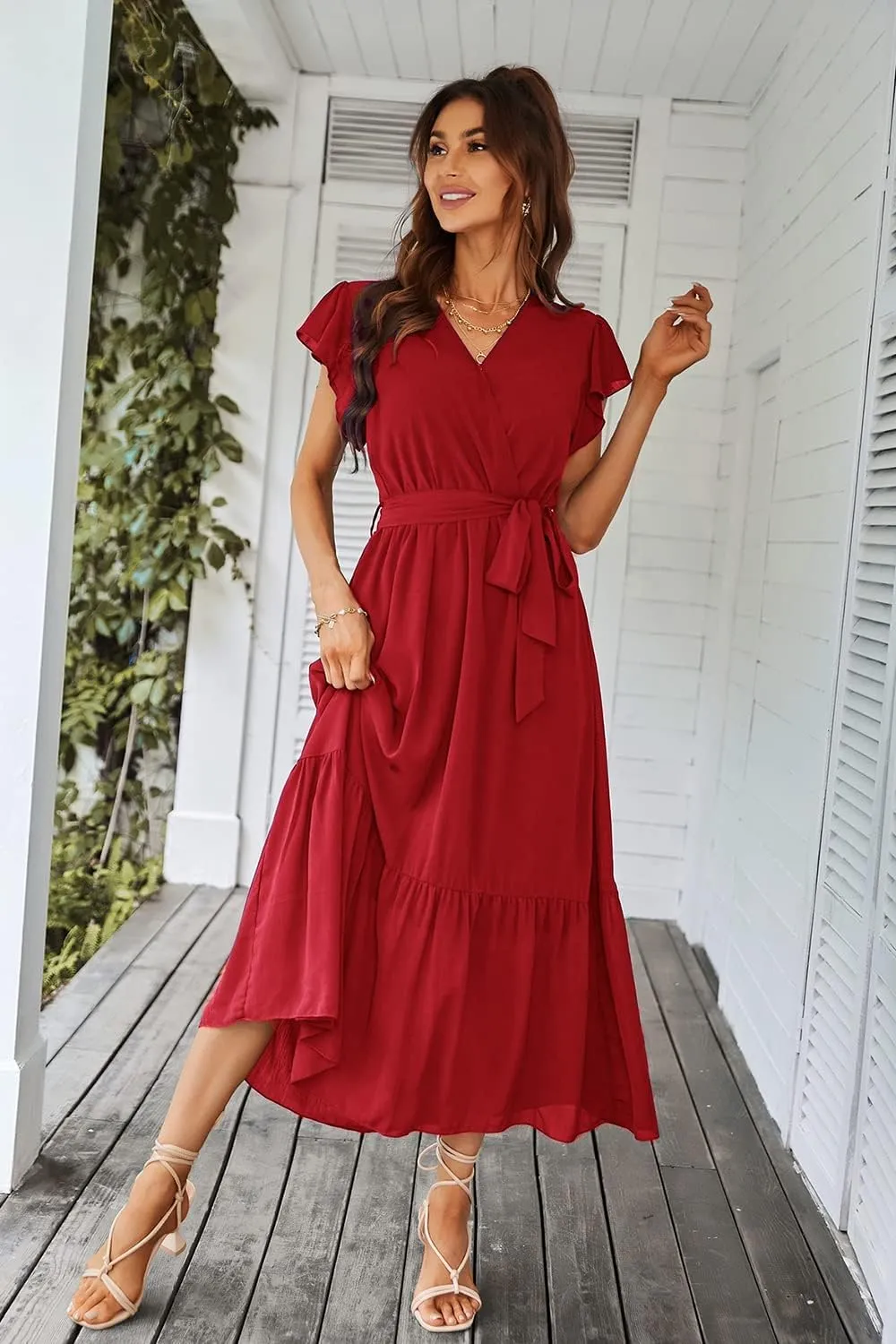 PRETTYGARDEN Women's Summer Floral Boho Maxi Dress Wrap Short Sleeve V Neck Ruffle A-Line Flowy Wedding Guest Long Dresses