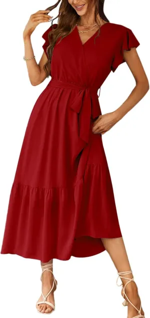 PRETTYGARDEN Women's Summer Floral Boho Maxi Dress Wrap Short Sleeve V Neck Ruffle A-Line Flowy Wedding Guest Long Dresses