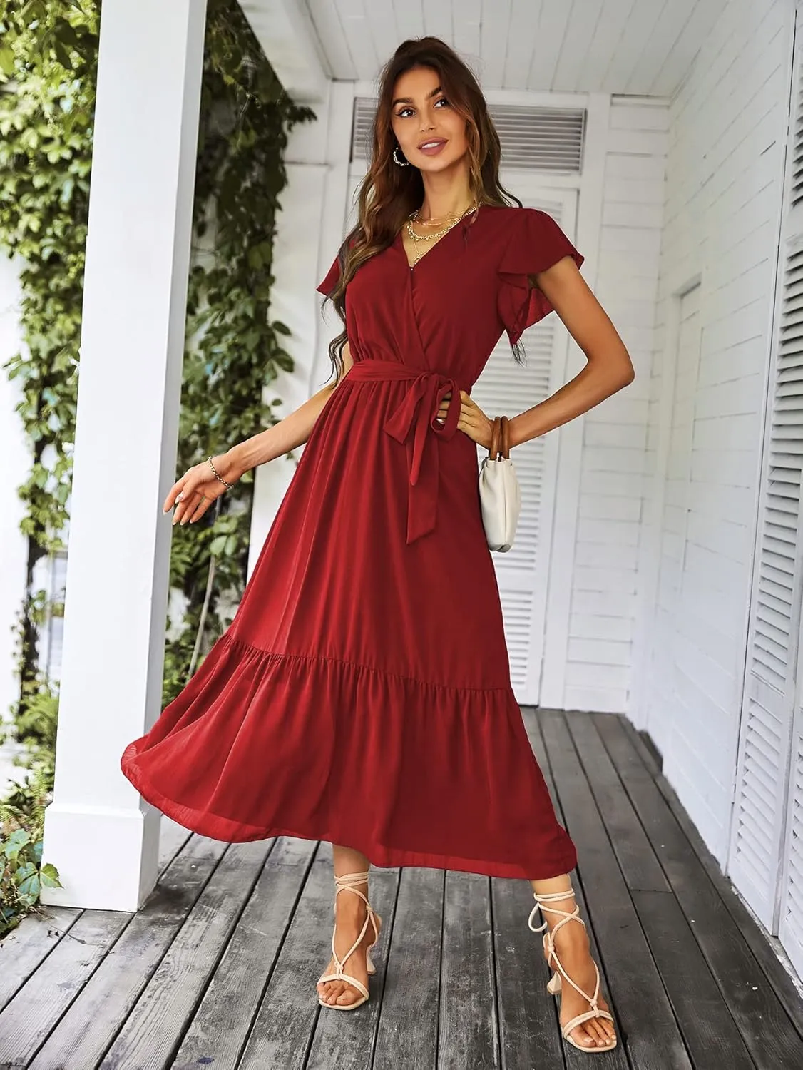 PRETTYGARDEN Women's Summer Floral Boho Maxi Dress Wrap Short Sleeve V Neck Ruffle A-Line Flowy Wedding Guest Long Dresses
