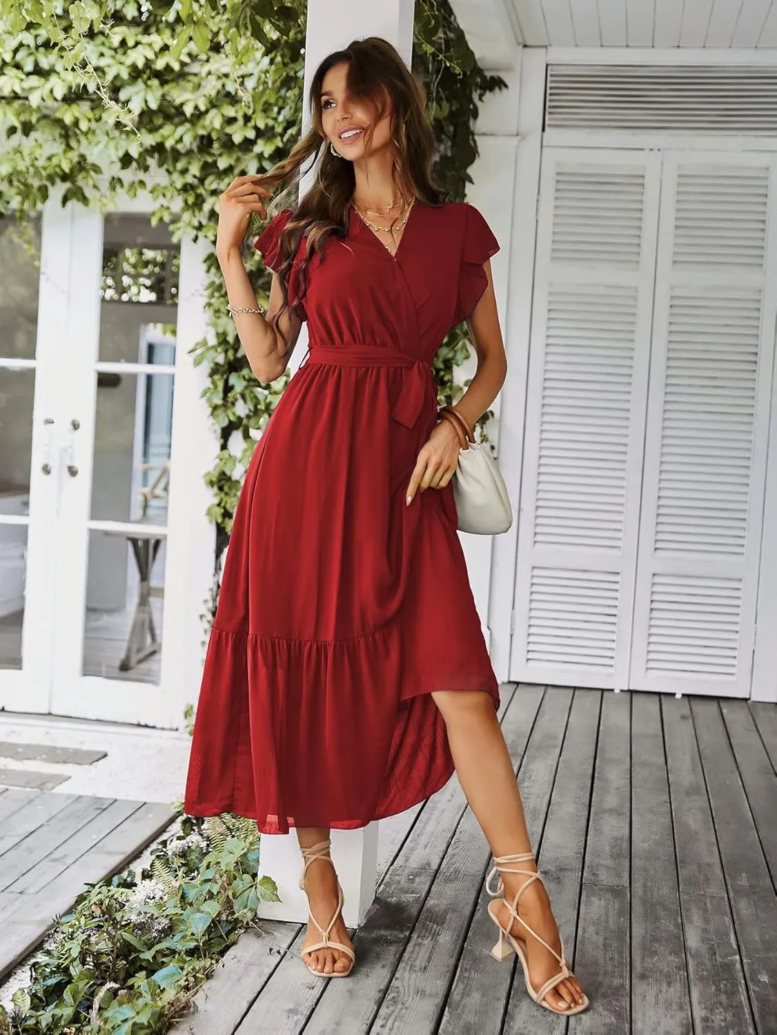 PRETTYGARDEN Women's Summer Floral Boho Maxi Dress Wrap Short Sleeve V Neck Ruffle A-Line Flowy Wedding Guest Long Dresses