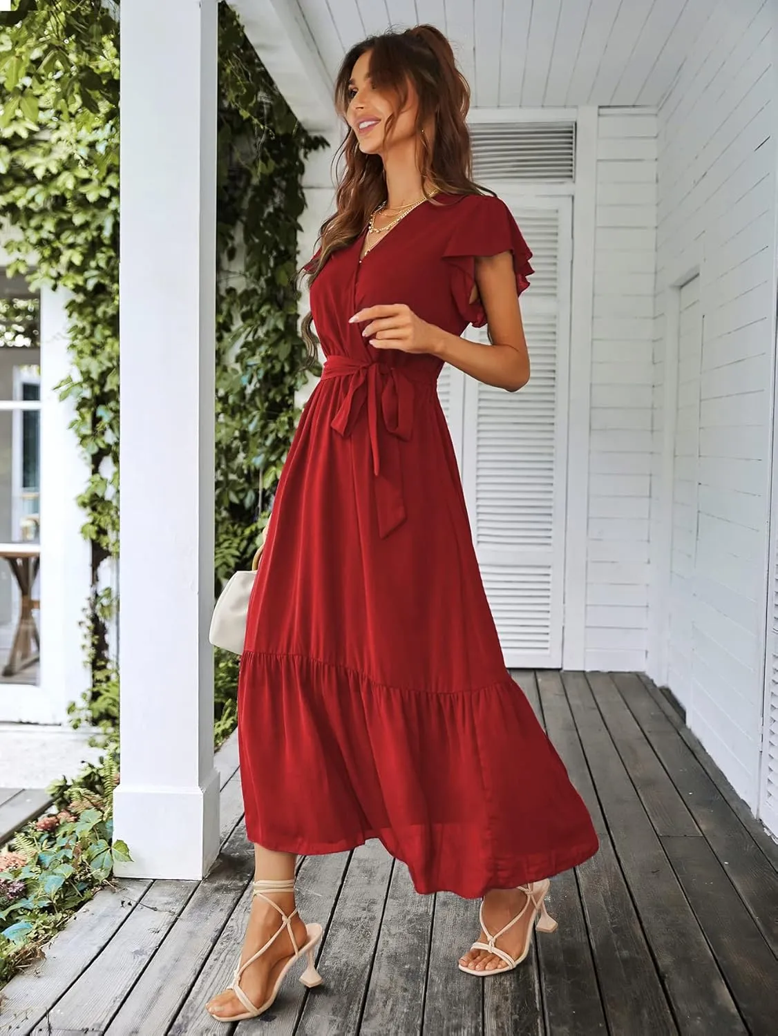 PRETTYGARDEN Women's Summer Floral Boho Maxi Dress Wrap Short Sleeve V Neck Ruffle A-Line Flowy Wedding Guest Long Dresses
