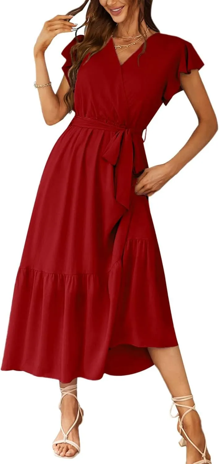 PRETTYGARDEN Women's Summer Floral Boho Maxi Dress Wrap Short Sleeve V Neck Ruffle A-Line Flowy Wedding Guest Long Dresses