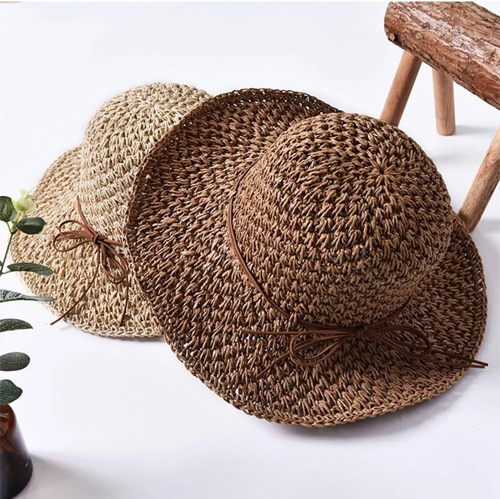 SIQITECHNO Womens Straw Sun Hat Summer Wide Brim Floppy Beach Straw Hat UPF 50  Packable Womens Travel Fedora Cap