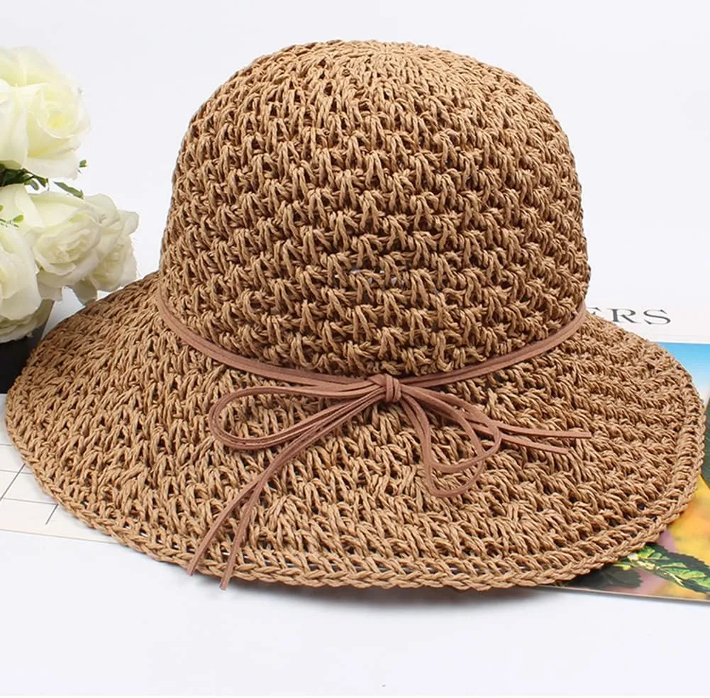 SIQITECHNO Womens Straw Sun Hat Summer Wide Brim Floppy Beach Straw Hat UPF 50  Packable Womens Travel Fedora Cap