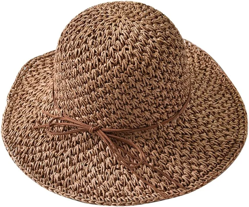SIQITECHNO Womens Straw Sun Hat Summer Wide Brim Floppy Beach Straw Hat UPF 50  Packable Womens Travel Fedora Cap