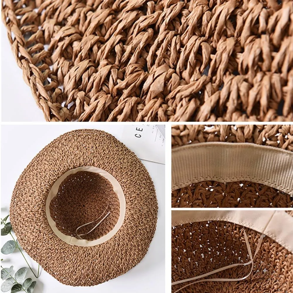 SIQITECHNO Womens Straw Sun Hat Summer Wide Brim Floppy Beach Straw Hat UPF 50  Packable Womens Travel Fedora Cap