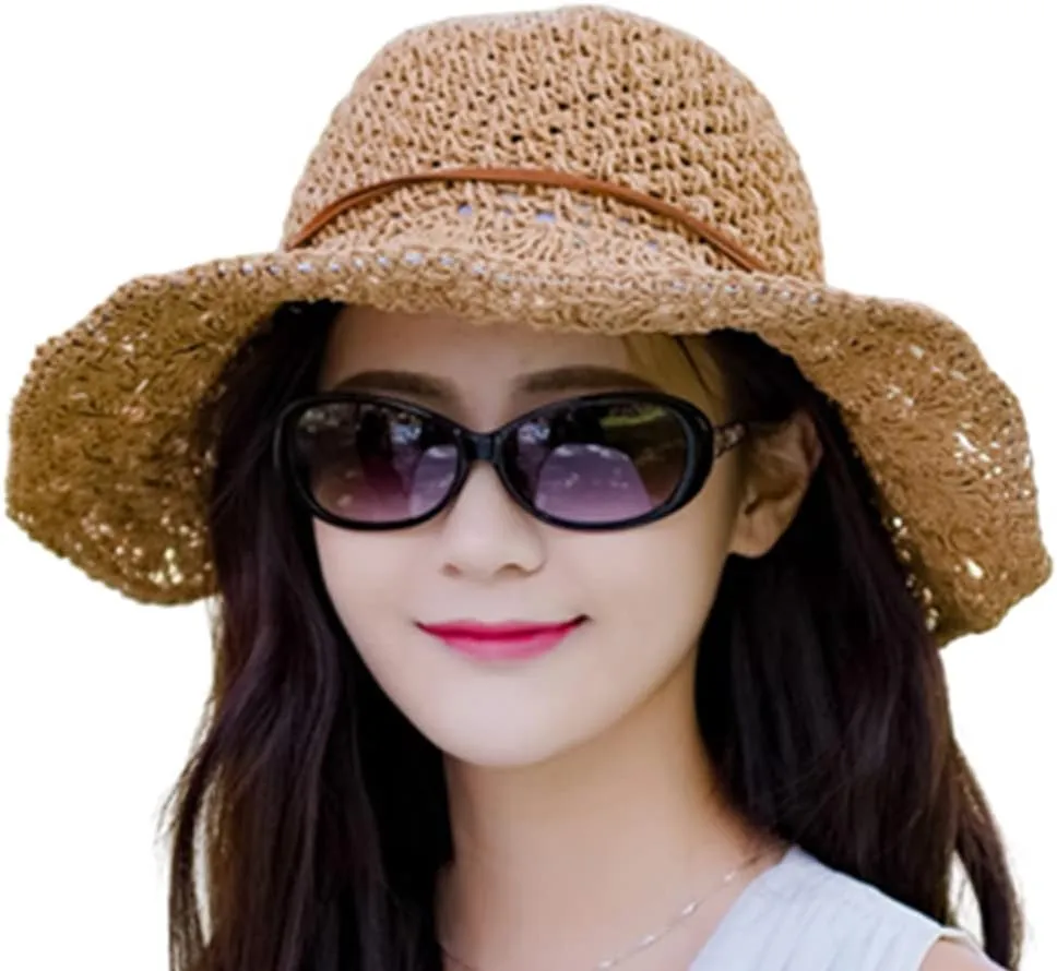 SIQITECHNO Womens Straw Sun Hat Summer Wide Brim Floppy Beach Straw Hat UPF 50  Packable Womens Travel Fedora Cap