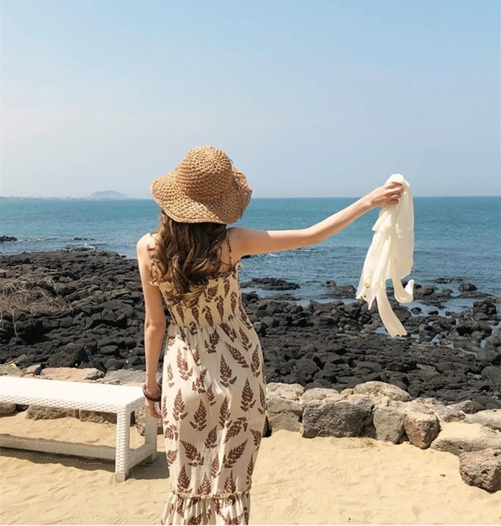 SIQITECHNO Womens Straw Sun Hat Summer Wide Brim Floppy Beach Straw Hat UPF 50  Packable Womens Travel Fedora Cap
