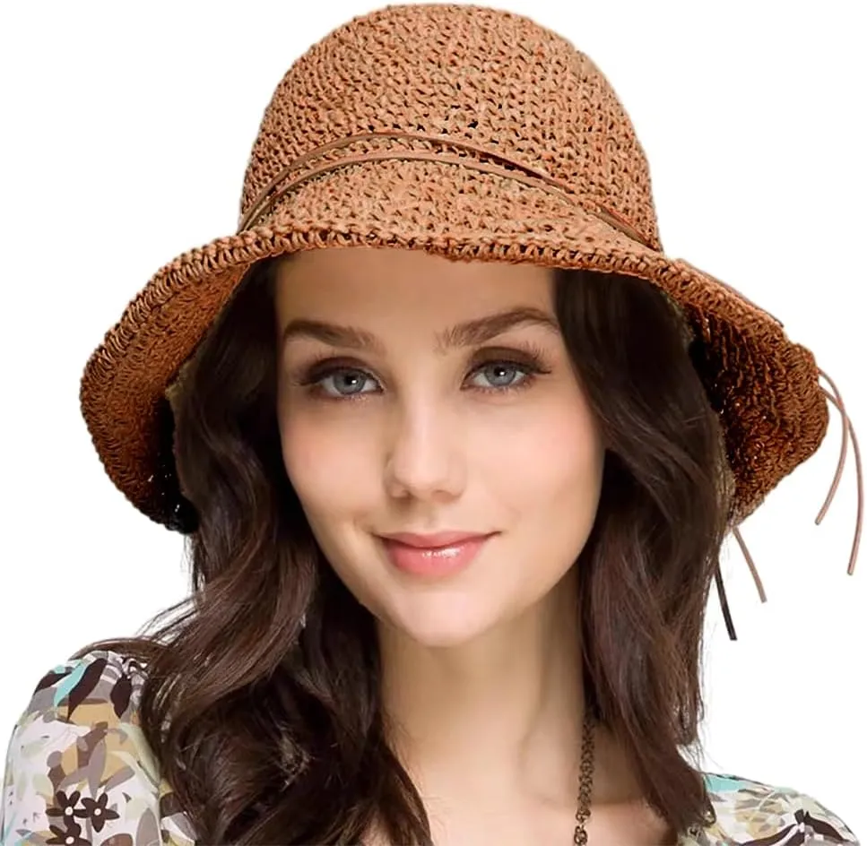 SIQITECHNO Womens Straw Sun Hat Summer Wide Brim Floppy Beach Straw Hat UPF 50  Packable Womens Travel Fedora Cap