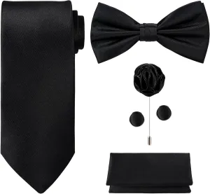 TIE G 5pcs Tie Set in Gift BOX WHITE OR BLACK: Solid Color Necktie, Satin Bow Tie, Pocket Square, Lapel, Cuff Links