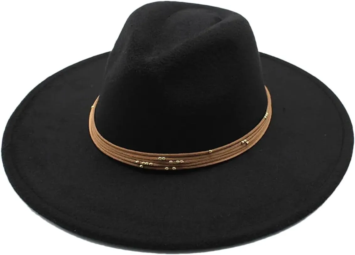 Women's Big Brim Peach Fedora Hat Chain Jazz Top Hat Winter Men's Classic Woolen Hat