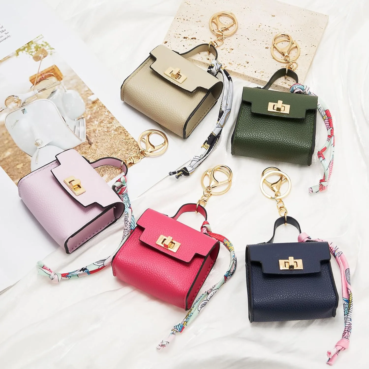 WOZEAH Mini Backpack Keychain for Women,Small Change Pouch Coin Purse Twist-lock with Key Headset BagDark Green